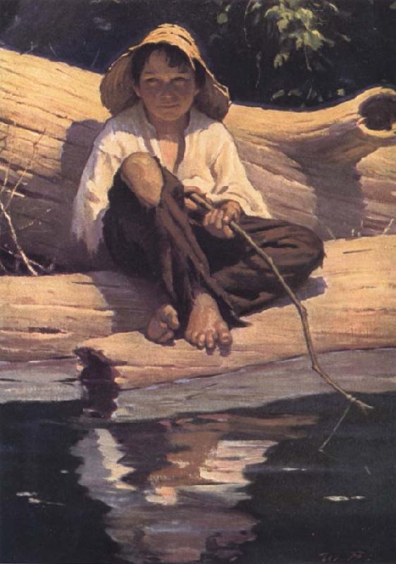 Worth Brehm Forntispiece illustration for The Adventures of Huckleberry Finn by mark Twain